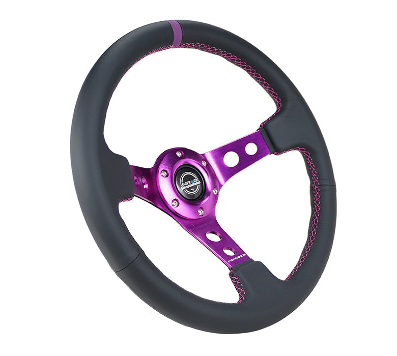 NRG Innovations - Reinforced Series Steering Wheel - Black Leather w/Purple Center Mark & Purple Stitching - Purple Spokes w/Circle Cutouts - NextGen Tuning