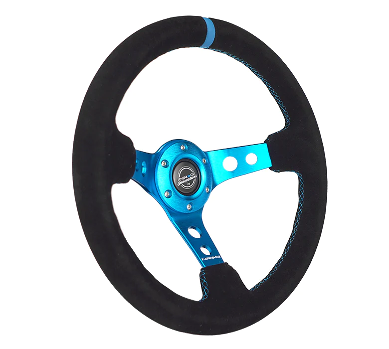 NRG Innovations - Reinforced Series Steering Wheel - Black Suede w/Blue Center Mark & Blue Stitching - Blue Spokes w/Circle Cutouts - NextGen Tuning
