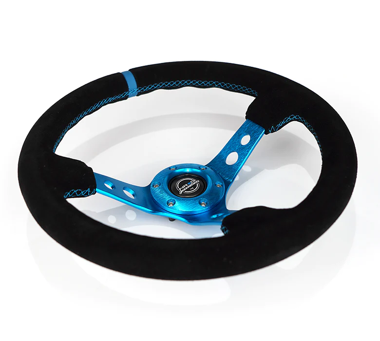 NRG Innovations - Reinforced Series Steering Wheel - Black Suede w/Blue Center Mark & Blue Stitching - Blue Spokes w/Circle Cutouts - NextGen Tuning