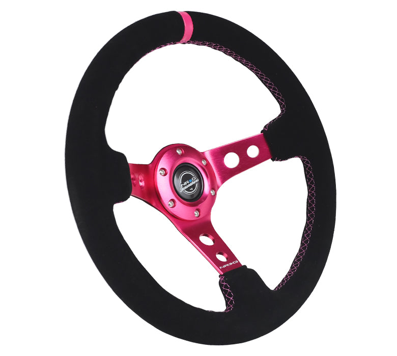 NRG Innovations - Reinforced Series Steering Wheel - Black Suede w/Fushia Center Mark & Fushia Stitching - Fushia Spokes w/Circle Cutouts - NextGen Tuning