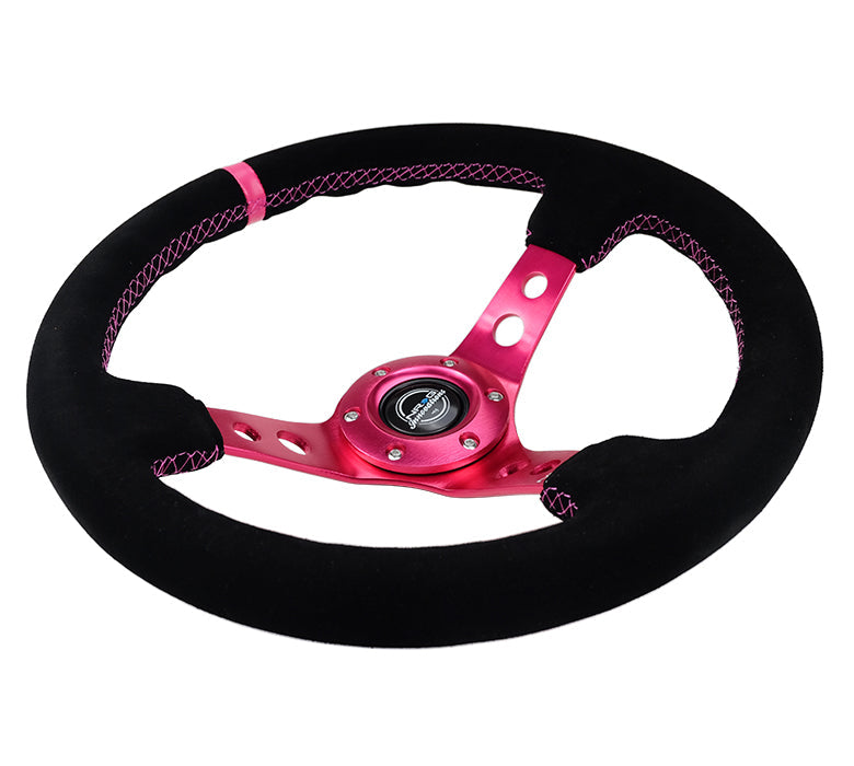 NRG Innovations - Reinforced Series Steering Wheel - Black Suede w/Fushia Center Mark & Fushia Stitching - Fushia Spokes w/Circle Cutouts - NextGen Tuning