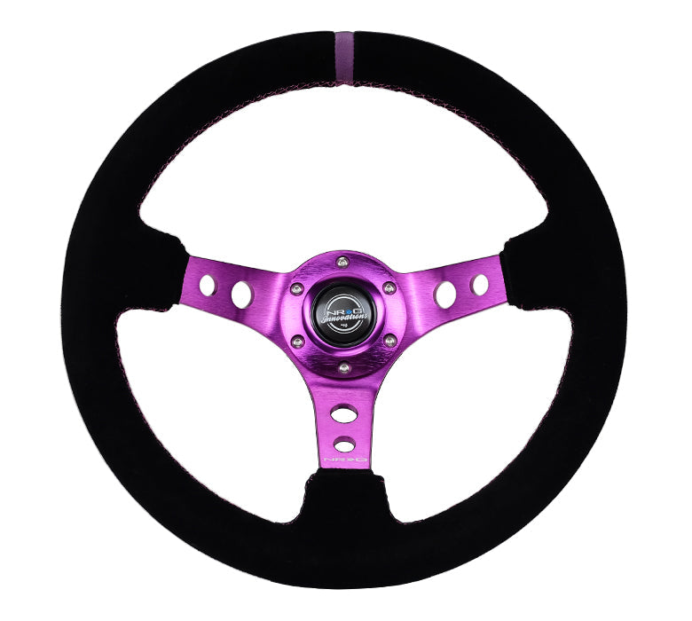 NRG Innovations - Reinforced Series Steering Wheel - Black Suede w/Purple Center Mark & Purple Stitching - Purple Spokes w/Circle Cutouts - NextGen Tuning