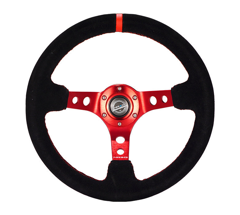 NRG Innovations - Reinforced Series Steering Wheel - Black Suede w/Red Center Mark & Red Stitching - Red Spokes w/Circle Cutouts - NextGen Tuning