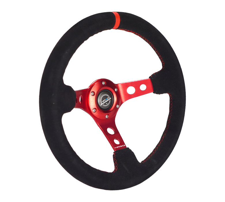 NRG Innovations - Reinforced Series Steering Wheel - Black Suede w/Red Center Mark & Red Stitching - Red Spokes w/Circle Cutouts - NextGen Tuning