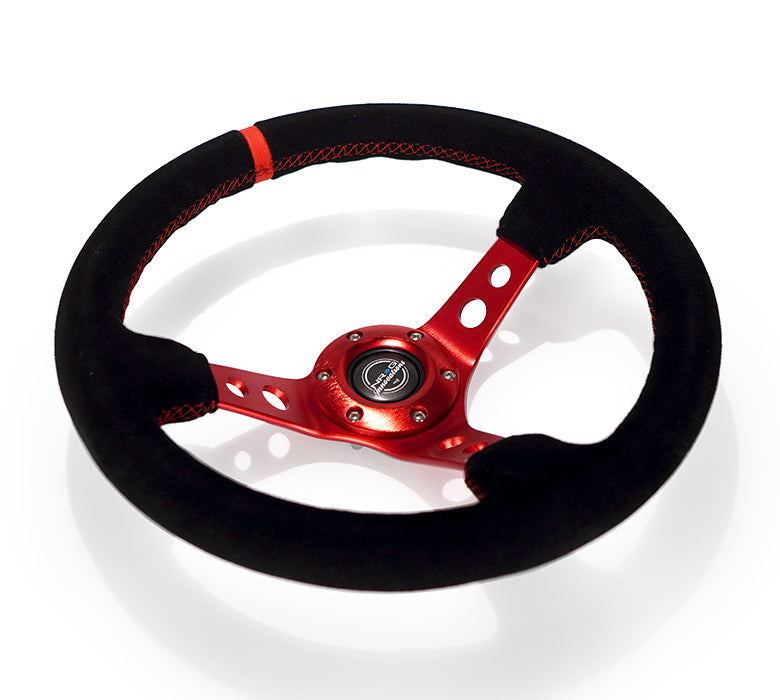 NRG Innovations - Reinforced Series Steering Wheel - Black Suede w/Red Center Mark & Red Stitching - Red Spokes w/Circle Cutouts - NextGen Tuning