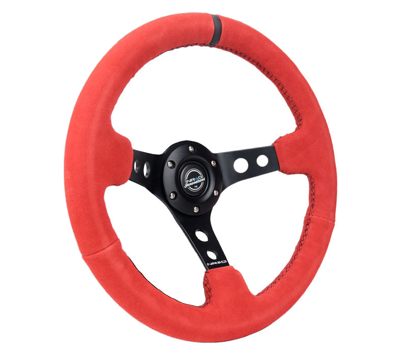 NRG Innovations - Reinforced Series Steering Wheel - Red Suede w/Black Center Mark & Black Stitching - Black Spokes w/Circle Cutouts - NextGen Tuning