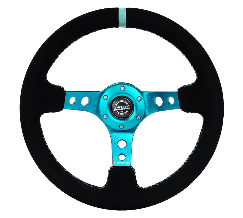 NRG Innovations - Reinforced Series Steering Wheel - Black Suede w/Teal Center Mark & Teal Stitching - Teal Spokes w/Circle Cutouts - NextGen Tuning