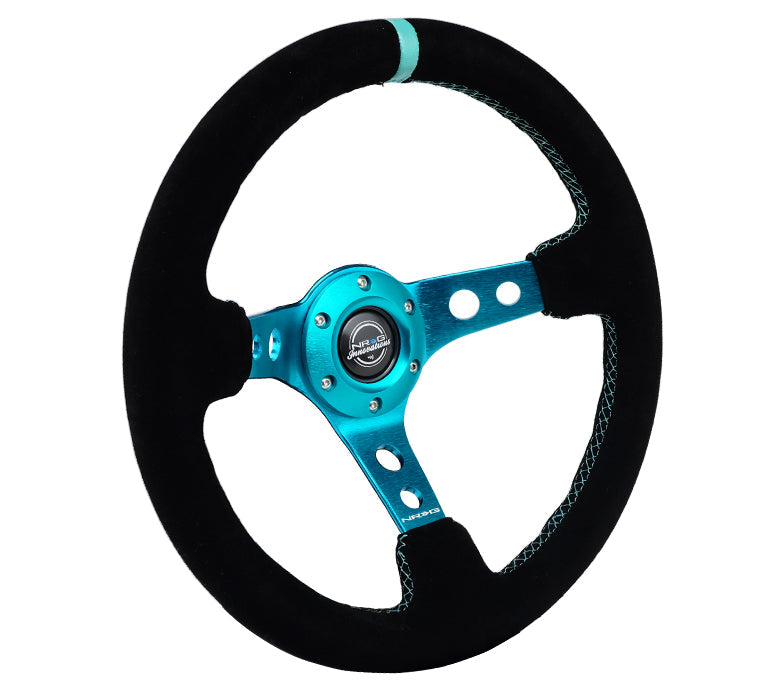 NRG Innovations - Reinforced Series Steering Wheel - Black Suede w/Teal Center Mark & Teal Stitching - Teal Spokes w/Circle Cutouts - NextGen Tuning