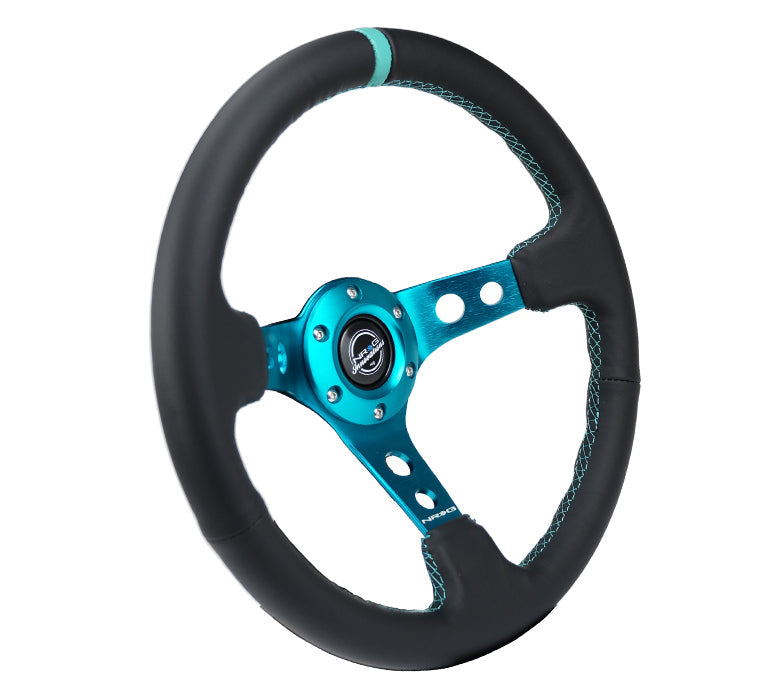 NRG Innovations - Reinforced Series Steering Wheel - Black Leather w/Teal Center Mark & Teal Stitching - Teal Spokes w/Circle Cutouts - NextGen Tuning