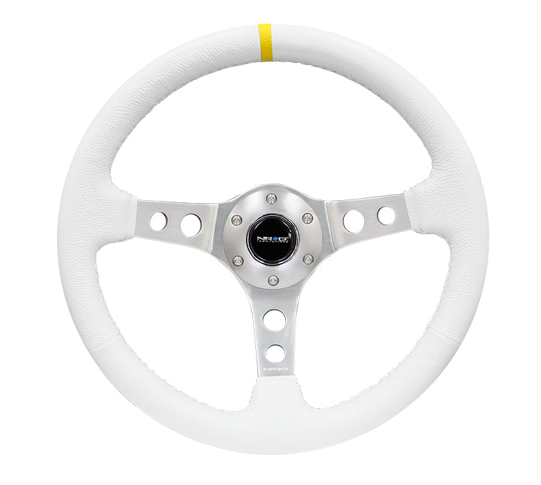 NRG Innovations - Reinforced Series Steering Wheel - White Leather w/Yellow Center Mark - Silver Spokes w/Circle Cutouts - NextGen Tuning