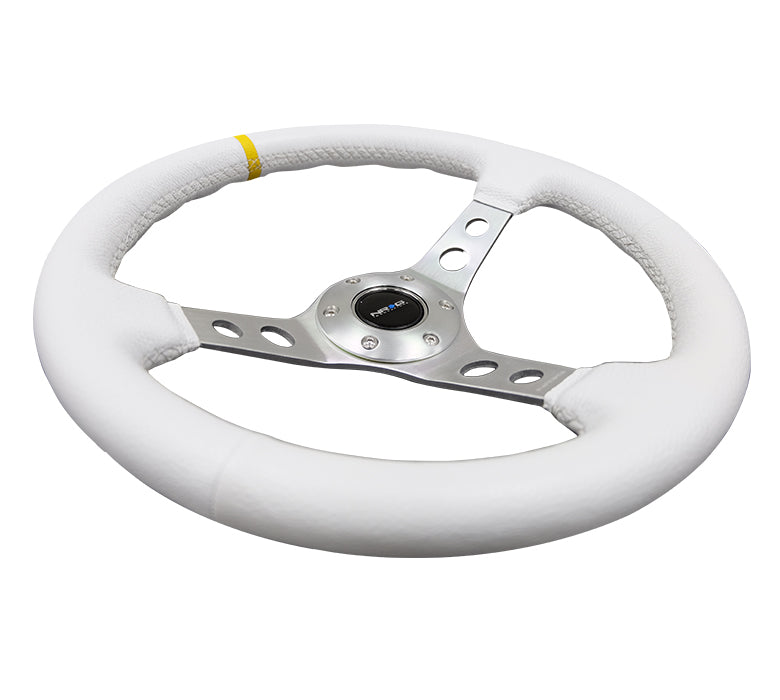 NRG Innovations - Reinforced Series Steering Wheel - White Leather w/Yellow Center Mark - Silver Spokes w/Circle Cutouts - NextGen Tuning