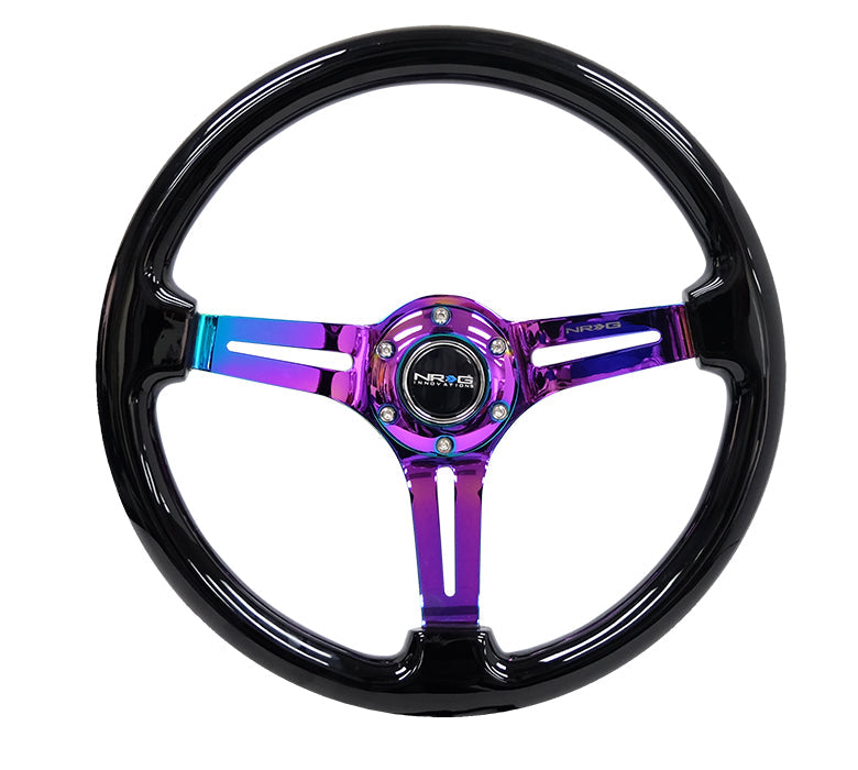 NRG Innovations - Reinforced Series Steering Wheel - Black Wood - Neochrome Spokes w/Slits - NextGen Tuning