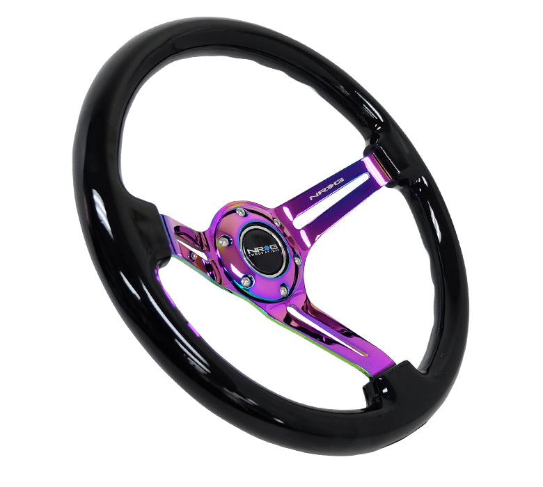 NRG Innovations - Reinforced Series Steering Wheel - Black Wood - Neochrome Spokes w/Slits - NextGen Tuning