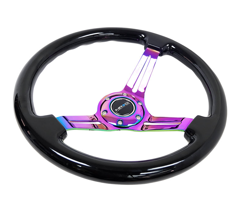 NRG Innovations - Reinforced Series Steering Wheel - Black Wood - Neochrome Spokes w/Slits - NextGen Tuning