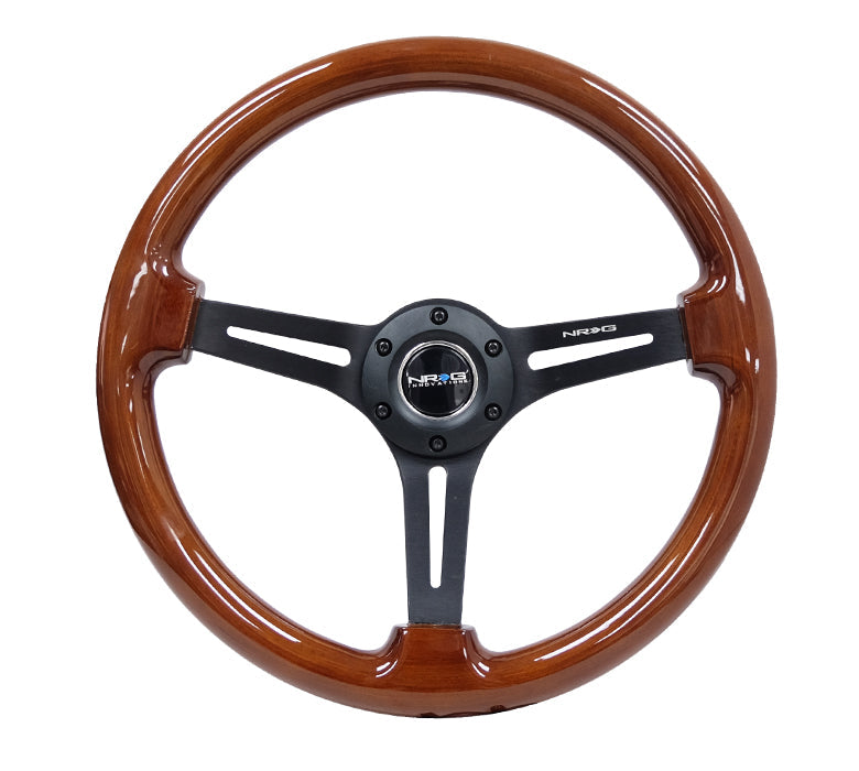 NRG Innovations - Reinforced Series Steering Wheel - Brown Wood - Black Spokes w/Slits - NextGen Tuning