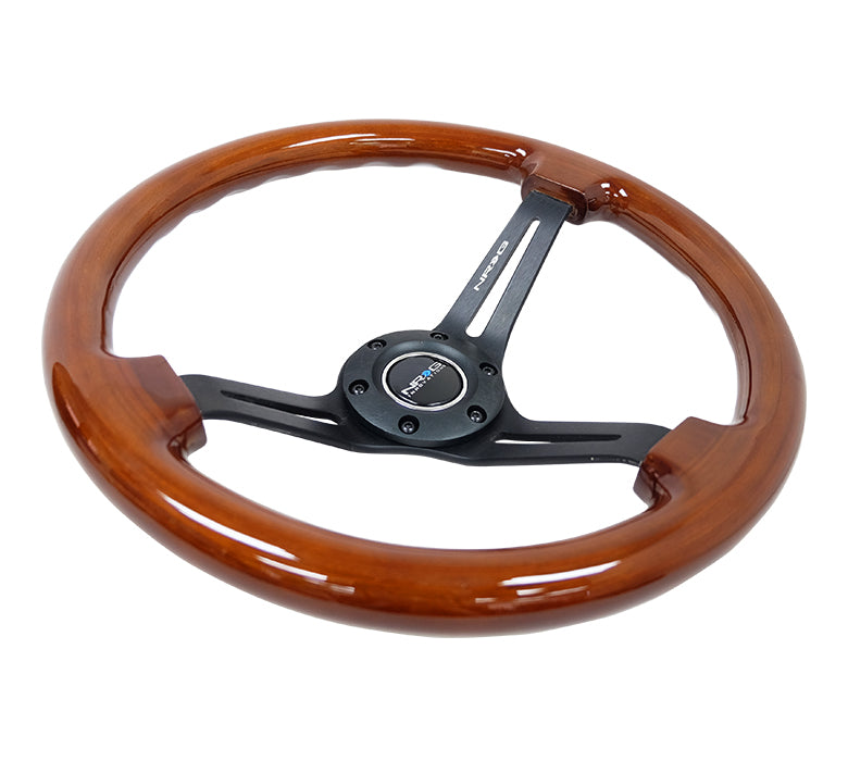 NRG Innovations - Reinforced Series Steering Wheel - Brown Wood - Black Spokes w/Slits - NextGen Tuning