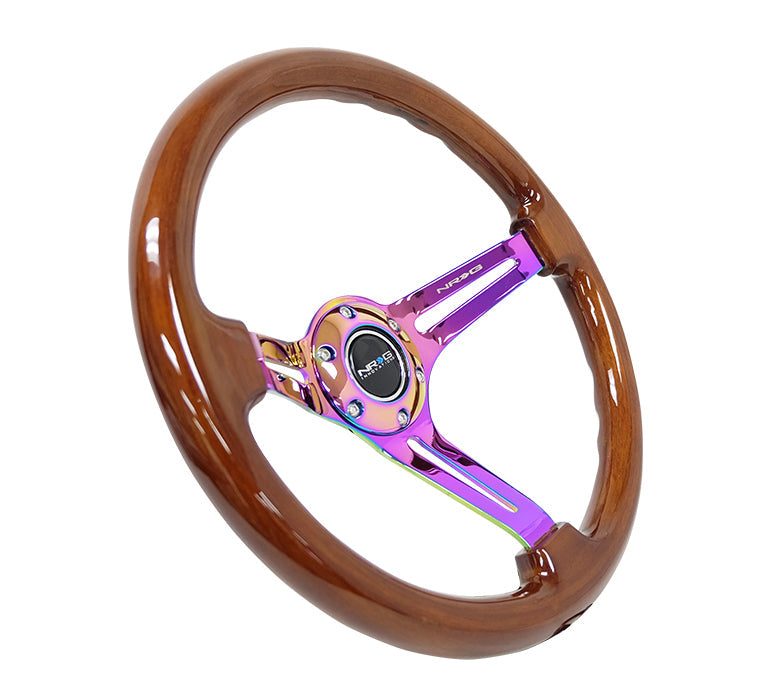 NRG Innovations - Reinforced Series Steering Wheel - Brown Wood - Neochrome Spokes w/Slits - NextGen Tuning