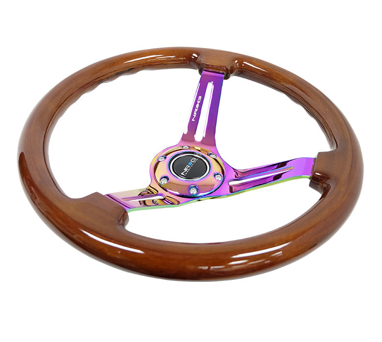 NRG Innovations - Reinforced Series Steering Wheel - Brown Wood - Neochrome Spokes w/Slits - NextGen Tuning