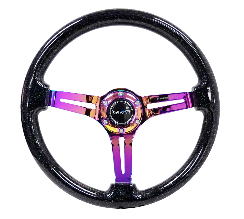 NRG Innovations - Reinforced Series Steering Wheel - Black Multi Color Flake Wood - Neochrome Spokes w/Slits - NextGen Tuning