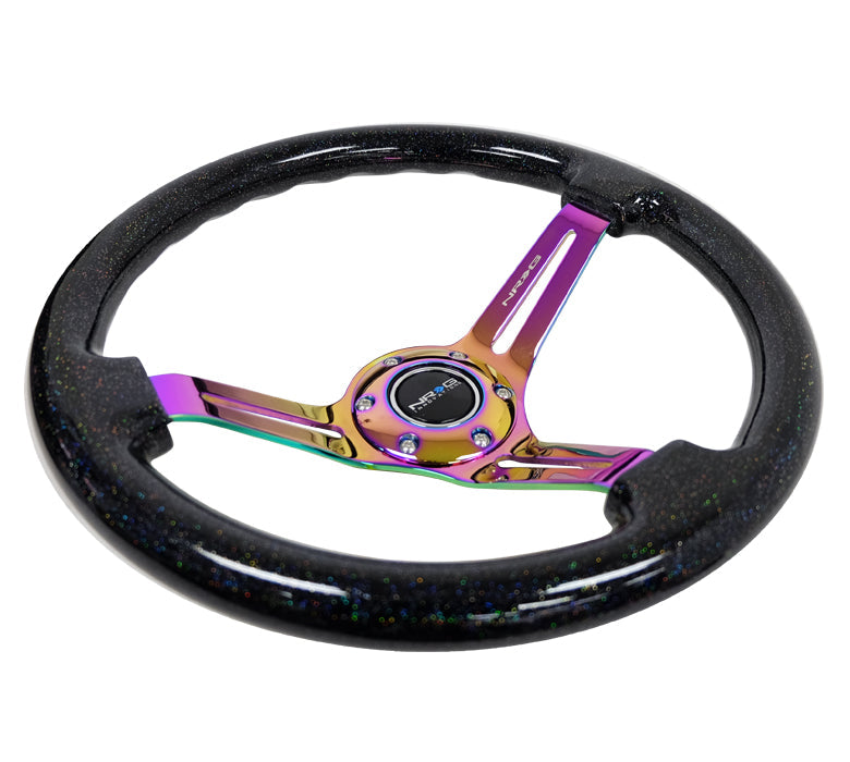NRG Innovations - Reinforced Series Steering Wheel - Black Multi Color Flake Wood - Neochrome Spokes w/Slits - NextGen Tuning
