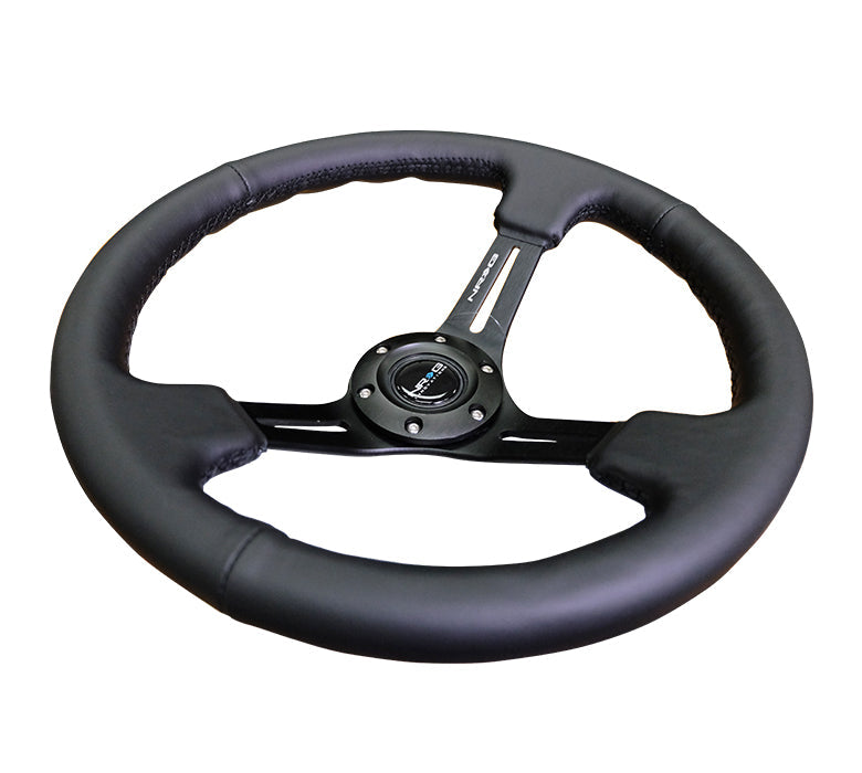 NRG Innovations - Reinforced Series Steering Wheel - Black Leather w/Black Stitching - Black Spokes w/Slits - NextGen Tuning