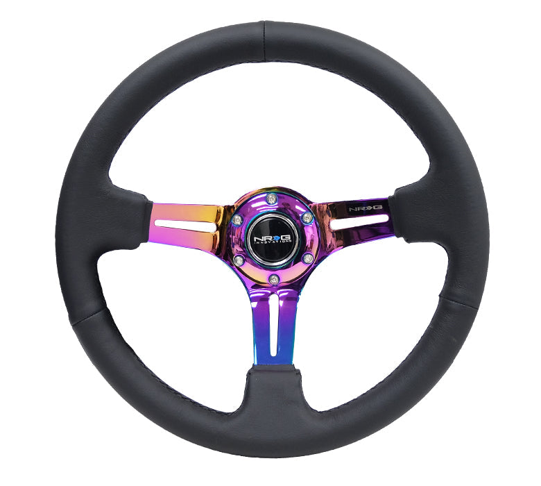 NRG Innovations - Reinforced Series Steering Wheel - Black Leather w/Black Stitching - Neochrome Spokes w/Slits - NextGen Tuning
