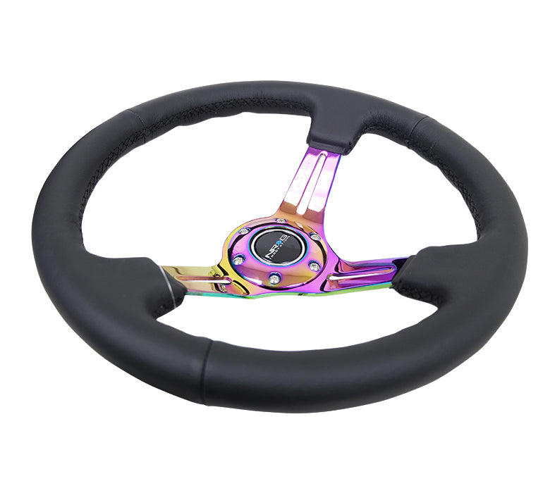 NRG Innovations - Reinforced Series Steering Wheel - Black Leather w/Black Stitching - Neochrome Spokes w/Slits - NextGen Tuning
