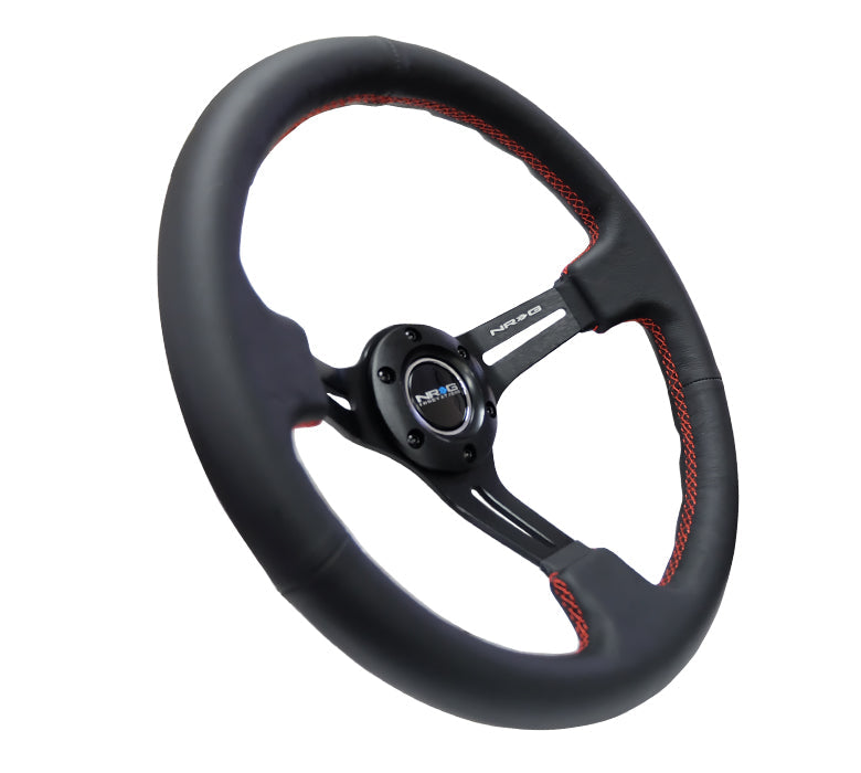 NRG Innovations - Reinforced Series Steering Wheel - Black Leather w/Red Stitching - Black Spokes w/Slits - NextGen Tuning