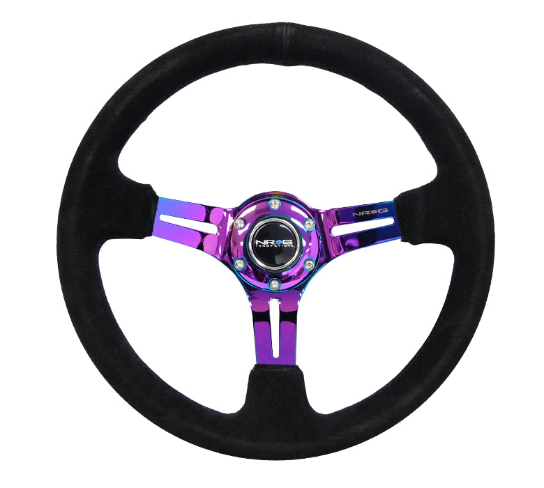 NRG Innovations - Reinforced Series Steering Wheel - Black Suede w/Black Stitching - Neochrome Spokes w/Slits - NextGen Tuning