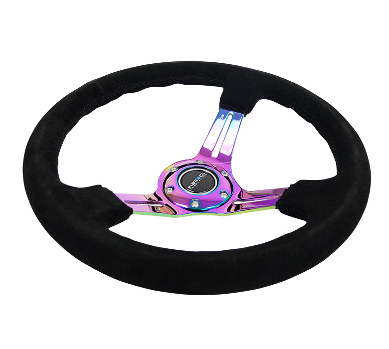 NRG Innovations - Reinforced Series Steering Wheel - Black Suede w/Black Stitching - Neochrome Spokes w/Slits - NextGen Tuning