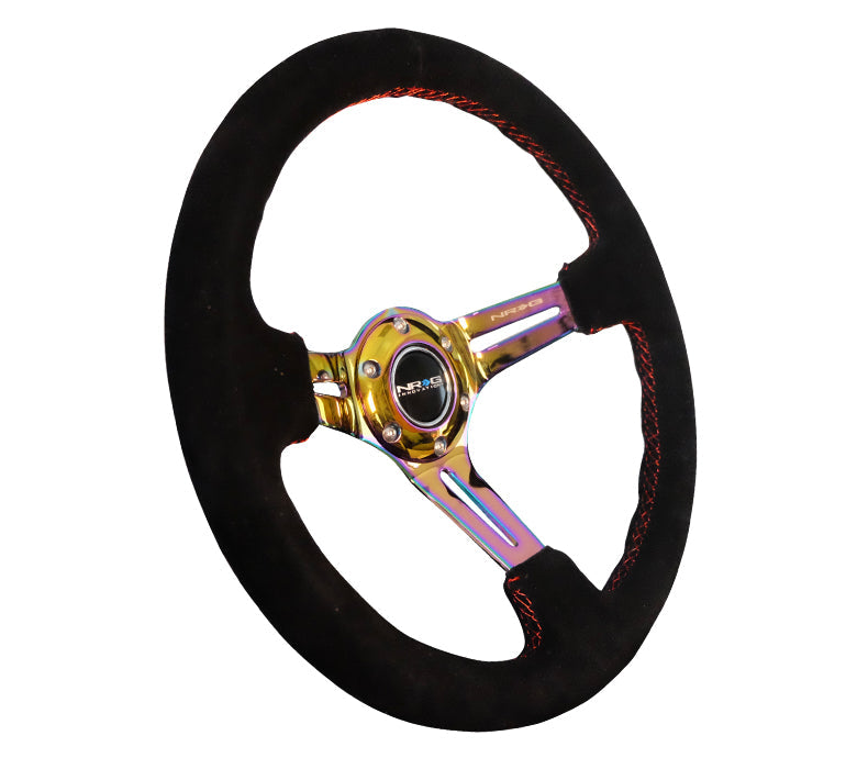 NRG Innovations - Reinforced Series Steering Wheel - Black Suede w/Red Stitching - Neochrome Spokes w/Slits - NextGen Tuning