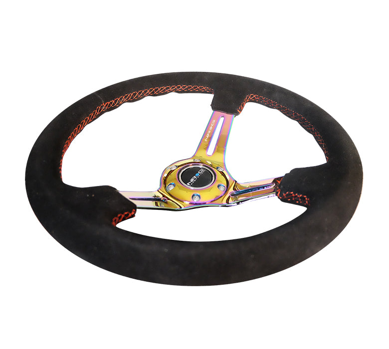 NRG Innovations - Reinforced Series Steering Wheel - Black Suede w/Red Stitching - Neochrome Spokes w/Slits - NextGen Tuning