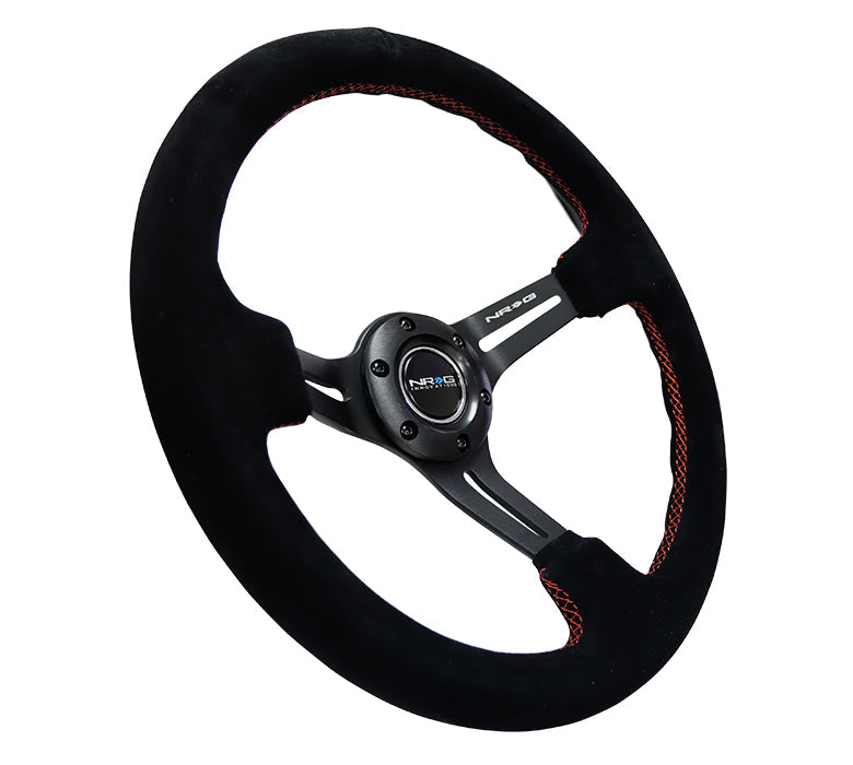 NRG Innovations - Reinforced Series Steering Wheel - Black Suede w/Red Stitching - Black Spokes w/Slits - NextGen Tuning