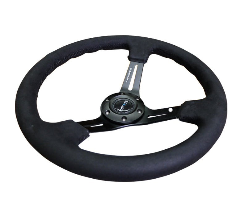 NRG Innovations - Reinforced Series Steering Wheel - Black Leather w/Alcantara Stitching - Black Spokes w/Slits - NextGen Tuning