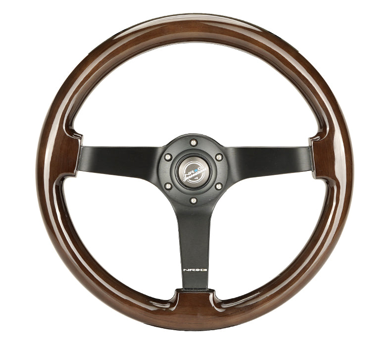 NRG Innovations - Reinforced Series Steering Wheel - Dark Brown Wood - Black Solid Spokes - NextGen Tuning