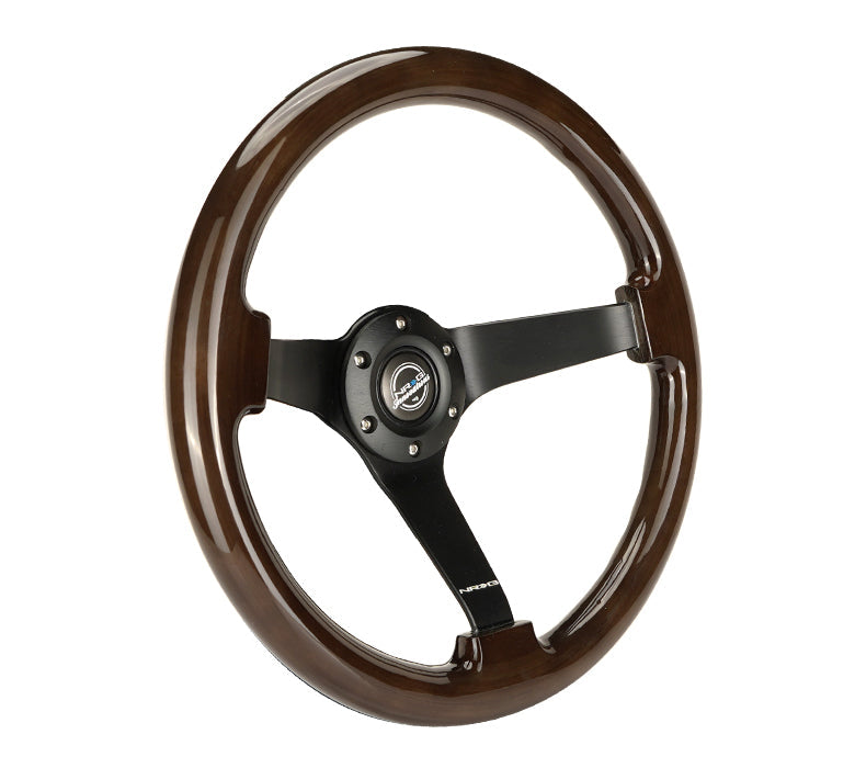 NRG Innovations - Reinforced Series Steering Wheel - Dark Brown Wood - Black Solid Spokes - NextGen Tuning