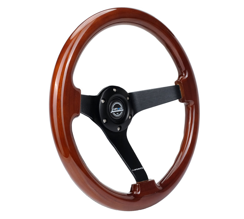 NRG Innovations - Reinforced Series Steering Wheel - Brown Wood - Black Solid Spokes - NextGen Tuning