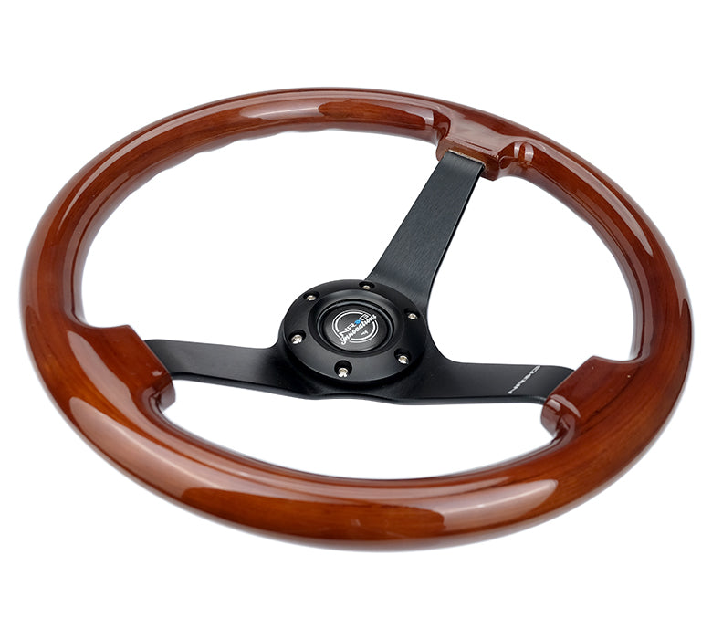 NRG Innovations - Reinforced Series Steering Wheel - Brown Wood - Black Solid Spokes - NextGen Tuning