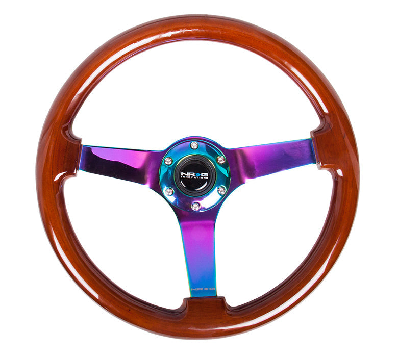 NRG Innovations - Reinforced Series Steering Wheel - Dark Brown Wood - Neochrome Solid Spokes - NextGen Tuning