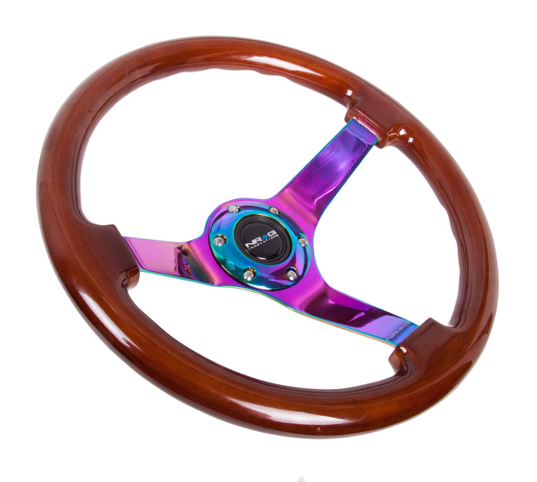 NRG Innovations - Reinforced Series Steering Wheel - Dark Brown Wood - Neochrome Solid Spokes - NextGen Tuning