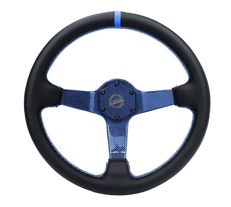 NRG Innovations - Reinforced Series Carbon Fiber Steering Wheel - Black Leather w/Blue Stitching & Blue Center Mark - Blue Carbon Fiber Solid Spokes - NextGen Tuning