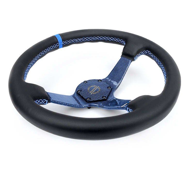 NRG Innovations - Reinforced Series Carbon Fiber Steering Wheel - Black Leather w/Blue Stitching & Blue Center Mark - Blue Carbon Fiber Solid Spokes - NextGen Tuning