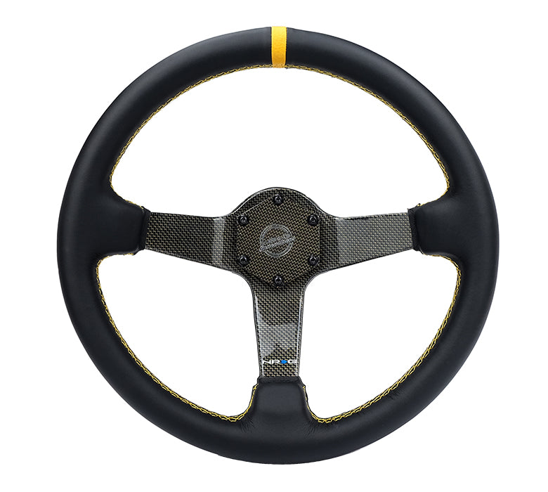 NRG Innovations - Reinforced Series Carbon Fiber Steering Wheel - Black Leather w/Gold Stitching & Gold Center Mark - Gold Carbon Fiber Solid Spokes - NextGen Tuning