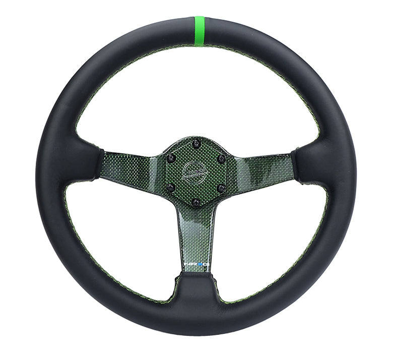 NRG Innovations - Reinforced Series Carbon Fiber Steering Wheel - Black Leather w/Green Stitching & Green Center Mark - Green Carbon Fiber Solid Spokes - NextGen Tuning