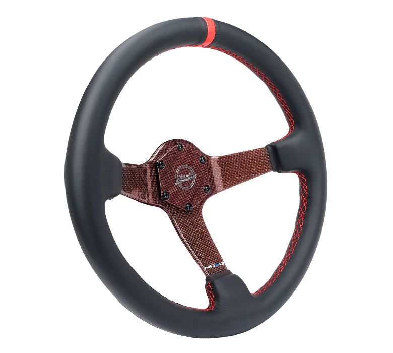 NRG Innovations - Reinforced Series Carbon Fiber Steering Wheel - Black Leather w/Red Stitching & Red Center Mark - Red Carbon Fiber Solid Spokes - NextGen Tuning