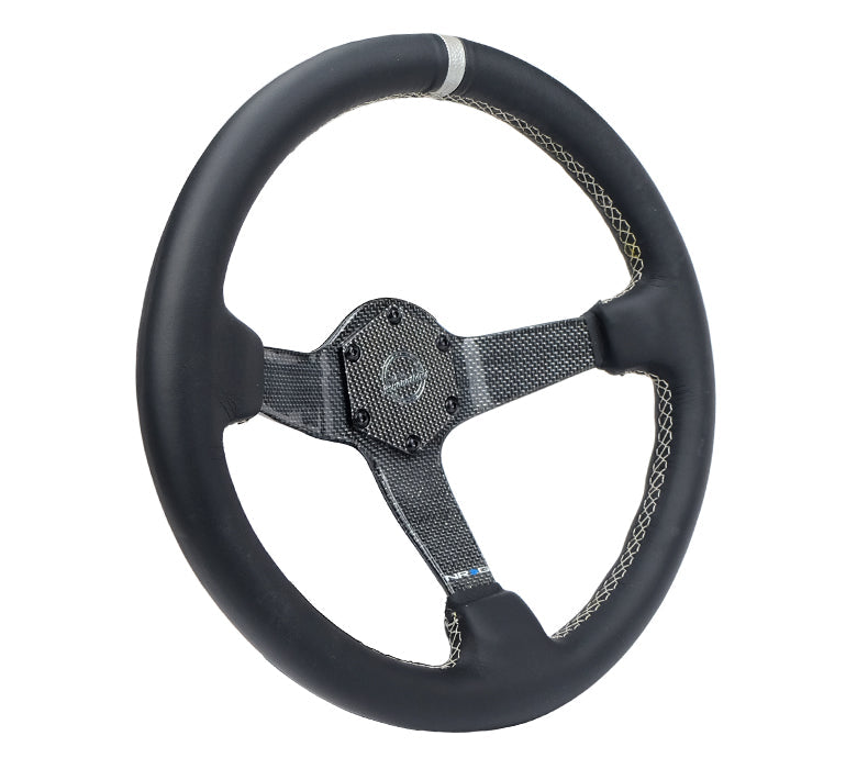 NRG Innovations - Reinforced Series Carbon Fiber Steering Wheel - Black Leather w/Silver Stitching & Silver Center Mark - Silver Carbon Fiber Solid Spokes - NextGen Tuning