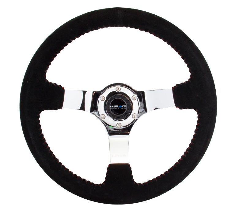 NRG Innovations - Reinforced Series Steering Wheel - Black Suede w/Red Stitching - Chrome Solid Spokes - NextGen Tuning