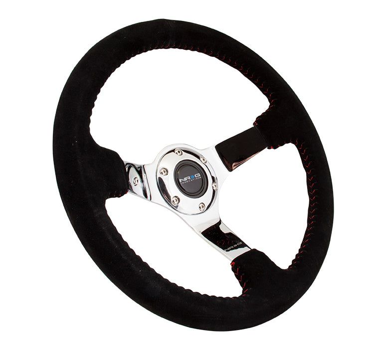 NRG Innovations - Reinforced Series Steering Wheel - Black Suede w/Red Stitching - Chrome Solid Spokes - NextGen Tuning