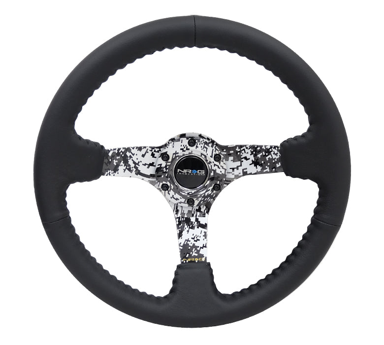 NRG Innovations - Reinforced Series Steering Wheel - Black Leather w/Black Stitching - Hydrodipped Digi-Camo Solid Spokes - NextGen Tuning
