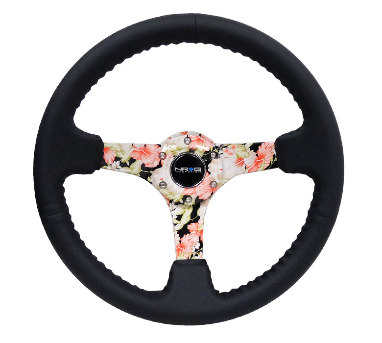 NRG Innovations - Reinforced Series Steering Wheel - Black Leather w/Black Stitching - Floral Solid Spokes - NextGen Tuning